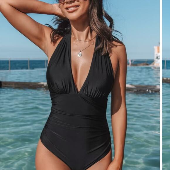 Cupshe Summer Seaside Ruched Halter Tummy Control Black One Piece Swimsuit sz S - Picture 7 of 9